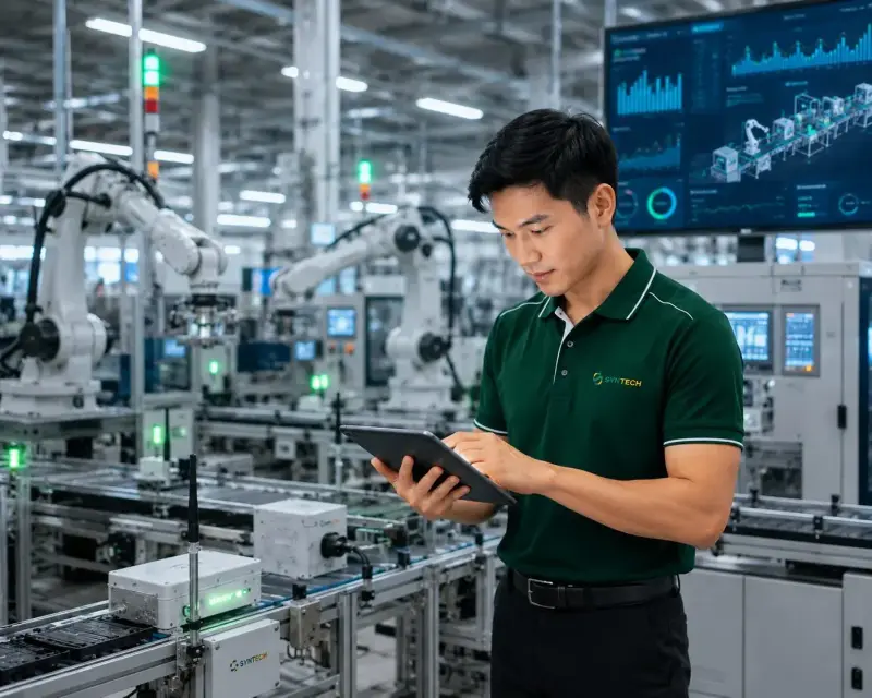 An engineer reads a machine-data dashboard on a tablet in an automated plant