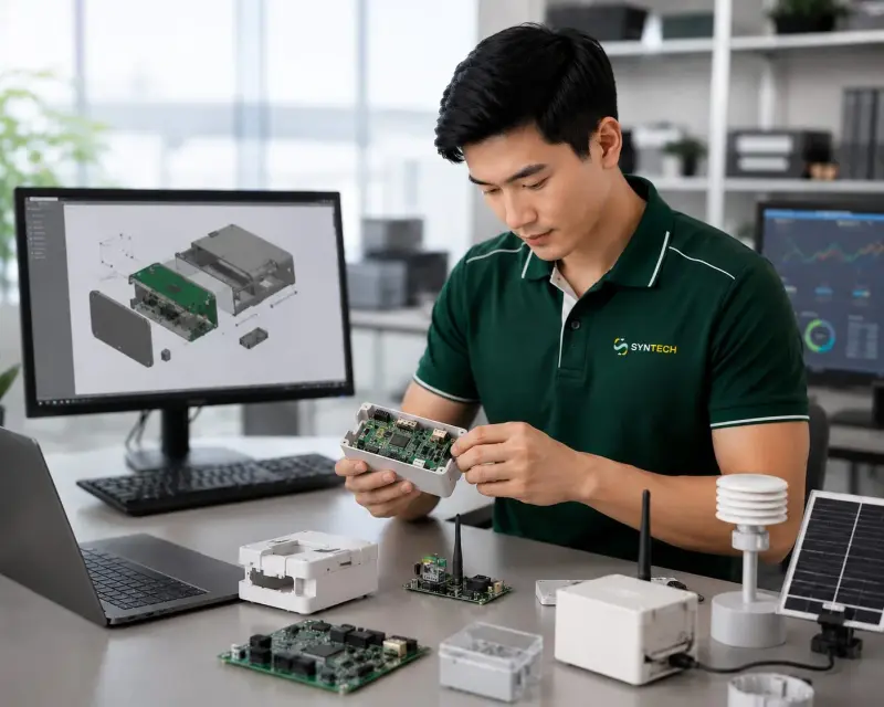 An engineer refines a device enclosure in 3D CAD beside the physical prototype