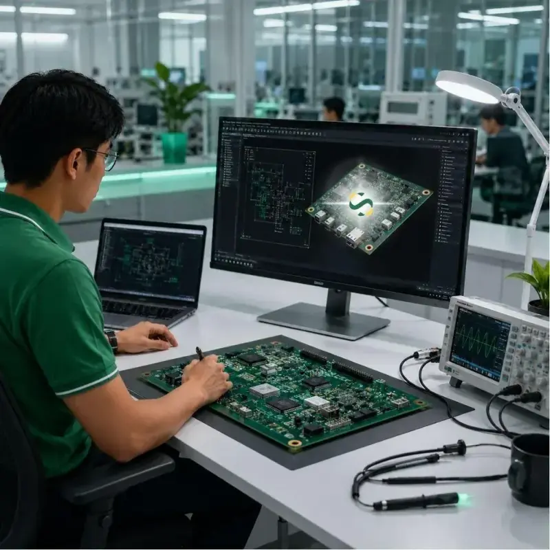 An engineer probes a prototype PCB while the board layout is on screen