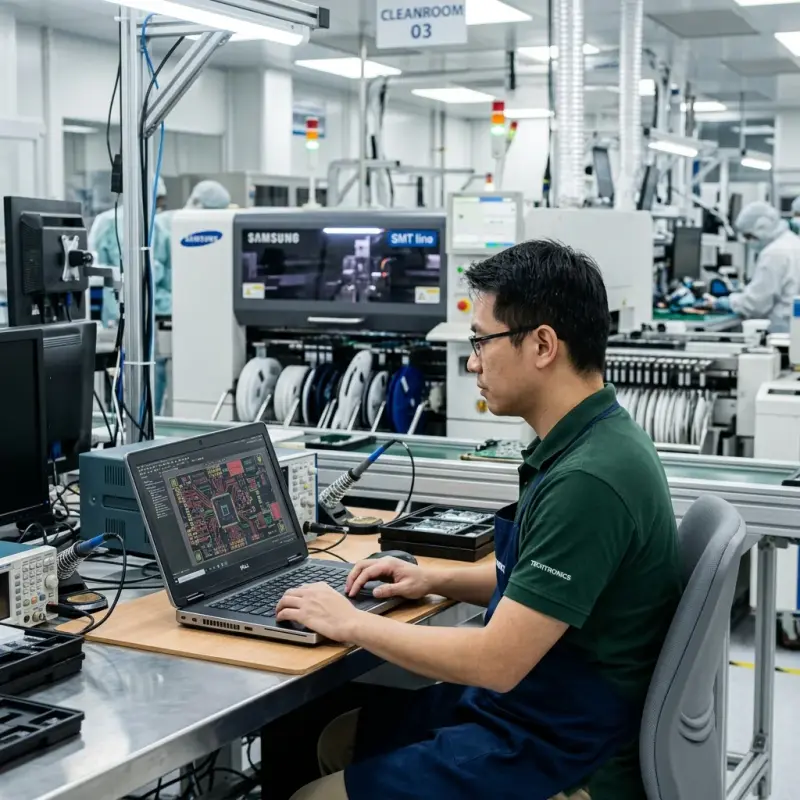 An engineer runs the SMT line from a workstation on the factory floor