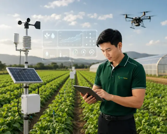 วิศวกร SynTech ตรวจข้อมูลเซ็นเซอร์ภาคสนามบนแท็บเล็ตกลางแปลงเกษตร