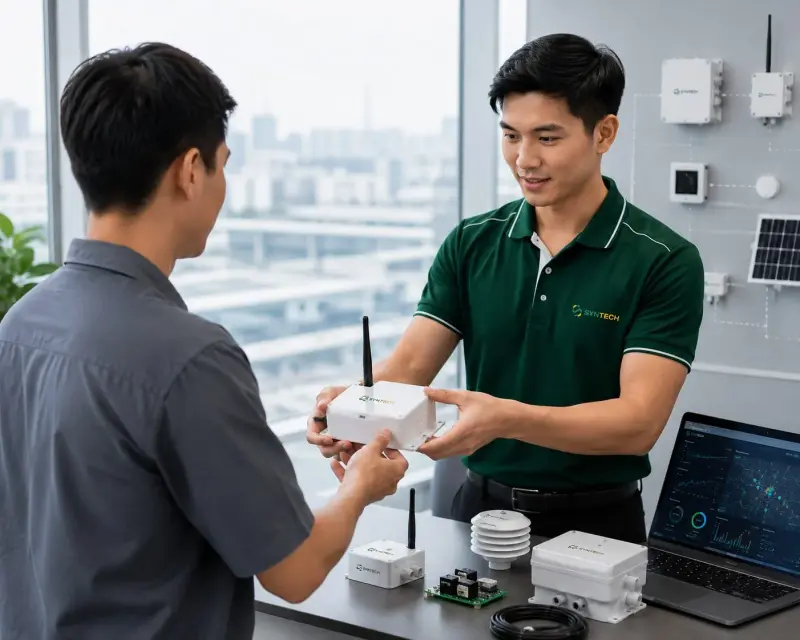 A SynTech engineer hands an IoT device to a customer and walks through the installation