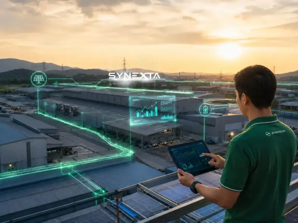 A SynTech engineer reviews live energy data from the SYNEXTA platform, linked to a plant at dusk